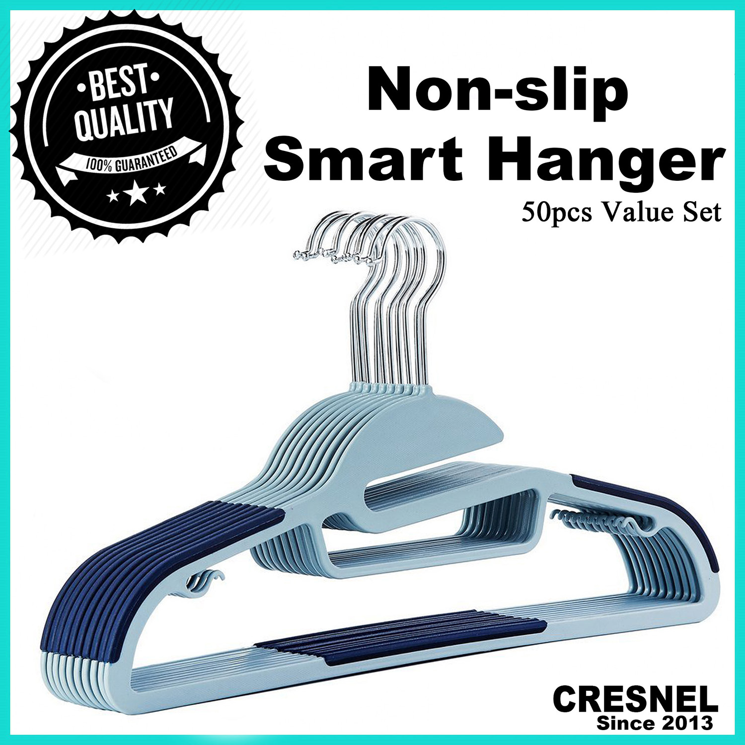 Cresnel U-Slide Clothes Hanger - 50pcs Premium laundry hangers for clothes  衣架  (Dark blue)