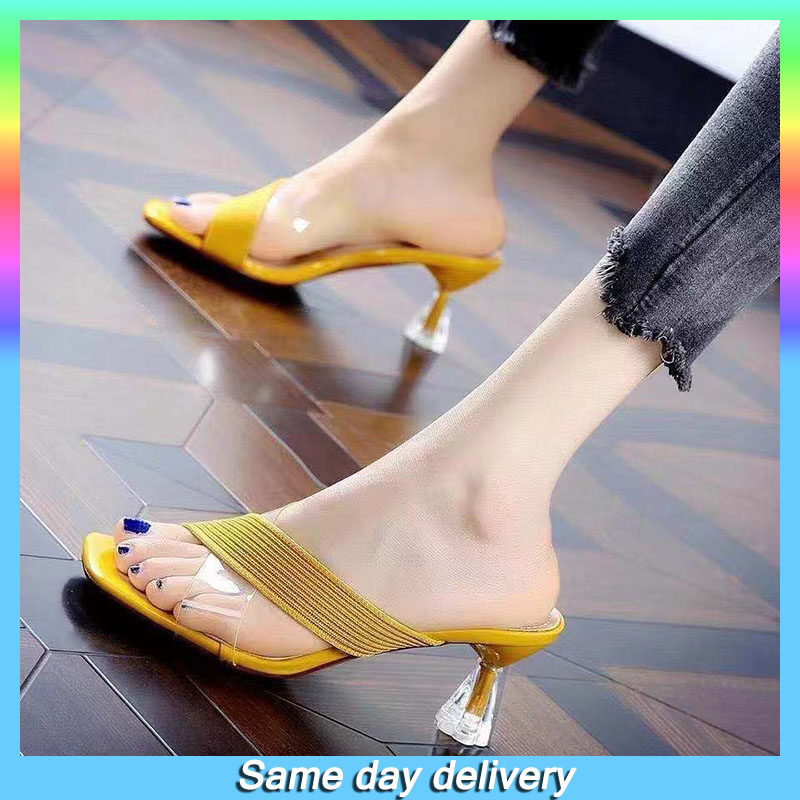 Korean sandals open toe color block thick heel versatile slippers
